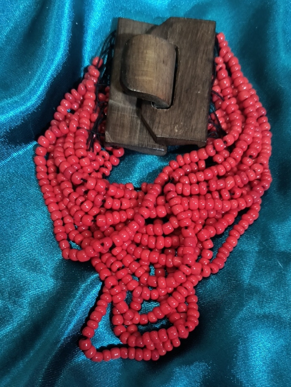 1970s Vintage Red Coral Boho Layered Chunky Wood Buckle Clasp Bracelet